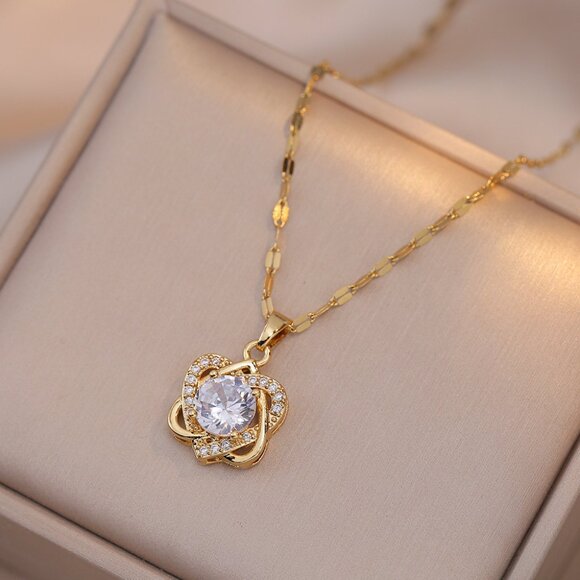 18k Gold Plated Stainless Steel Necklace with Intertwining Hearts Zircon Pendant - Picture 1 of 13